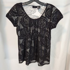 RQT Woman Black sheer rose print top size Medium